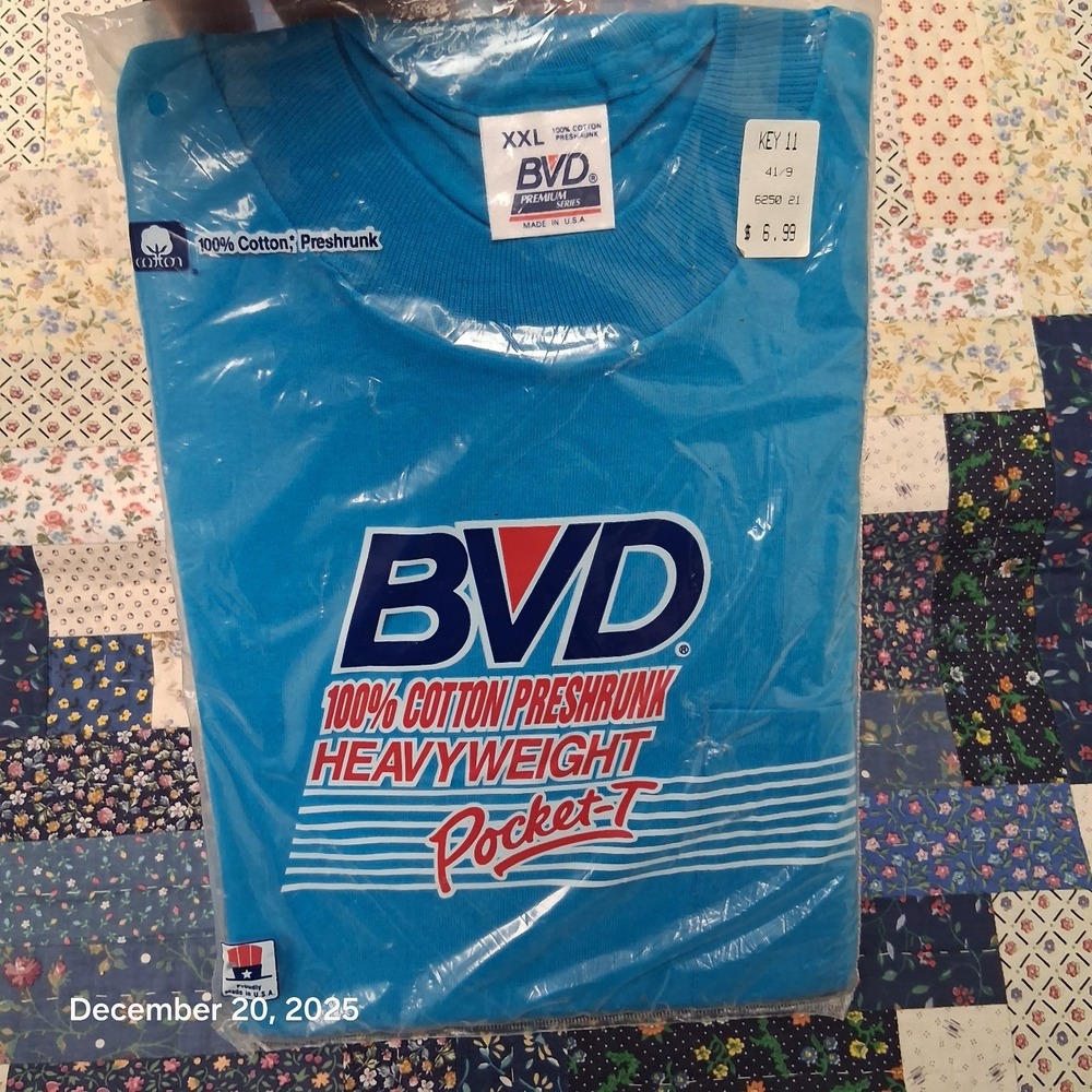Vintage Deadstock BVD Pocket T Shirt Size 2XL Blue Heavyweight 80s 90s